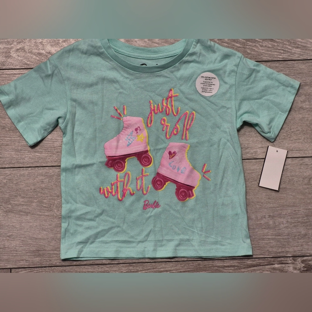 Barbie Kids Girls Aqua T-Shirt with Pink Roller Skate Design. Just Roll With It!